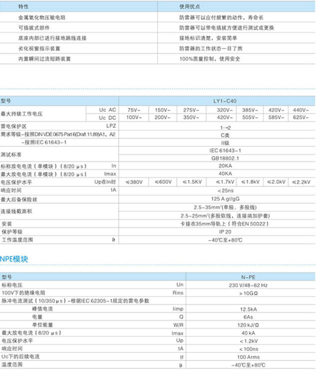 LY1-C40電涌保護器技術參數